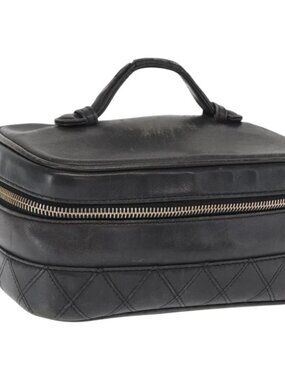 CHANEL Bicolore Vanity Hand Bag Lamb Skin Black Gold CC Auth 158864